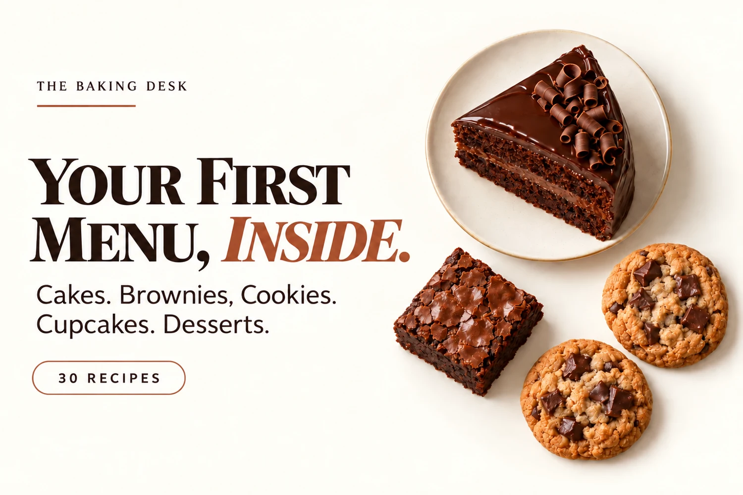 Your first menu, inside. Cakes. Brownies. Cookies. Cupcakes. Desserts. 30 recipes. Illustrative serving arrangement.