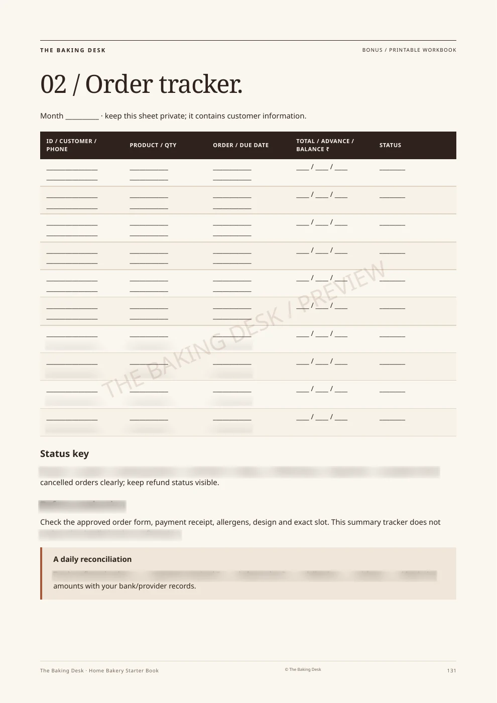 Preview of the book's printable order tracker worksheet