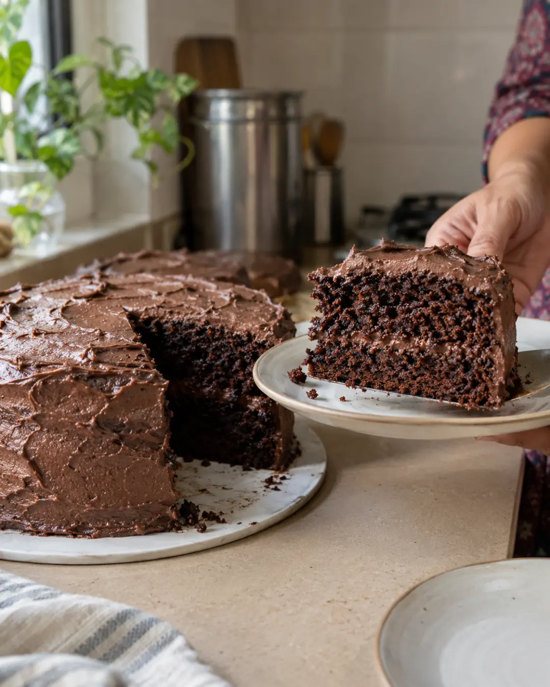 A freshly cut chocolate layer cake on a plate in a home kitchen
