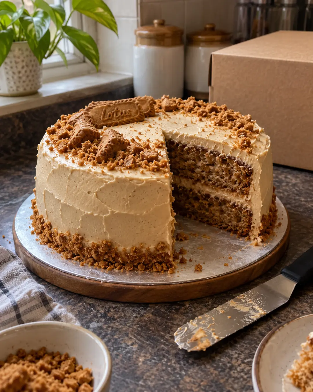 A homemade Biscoff cake with a slice served beside it