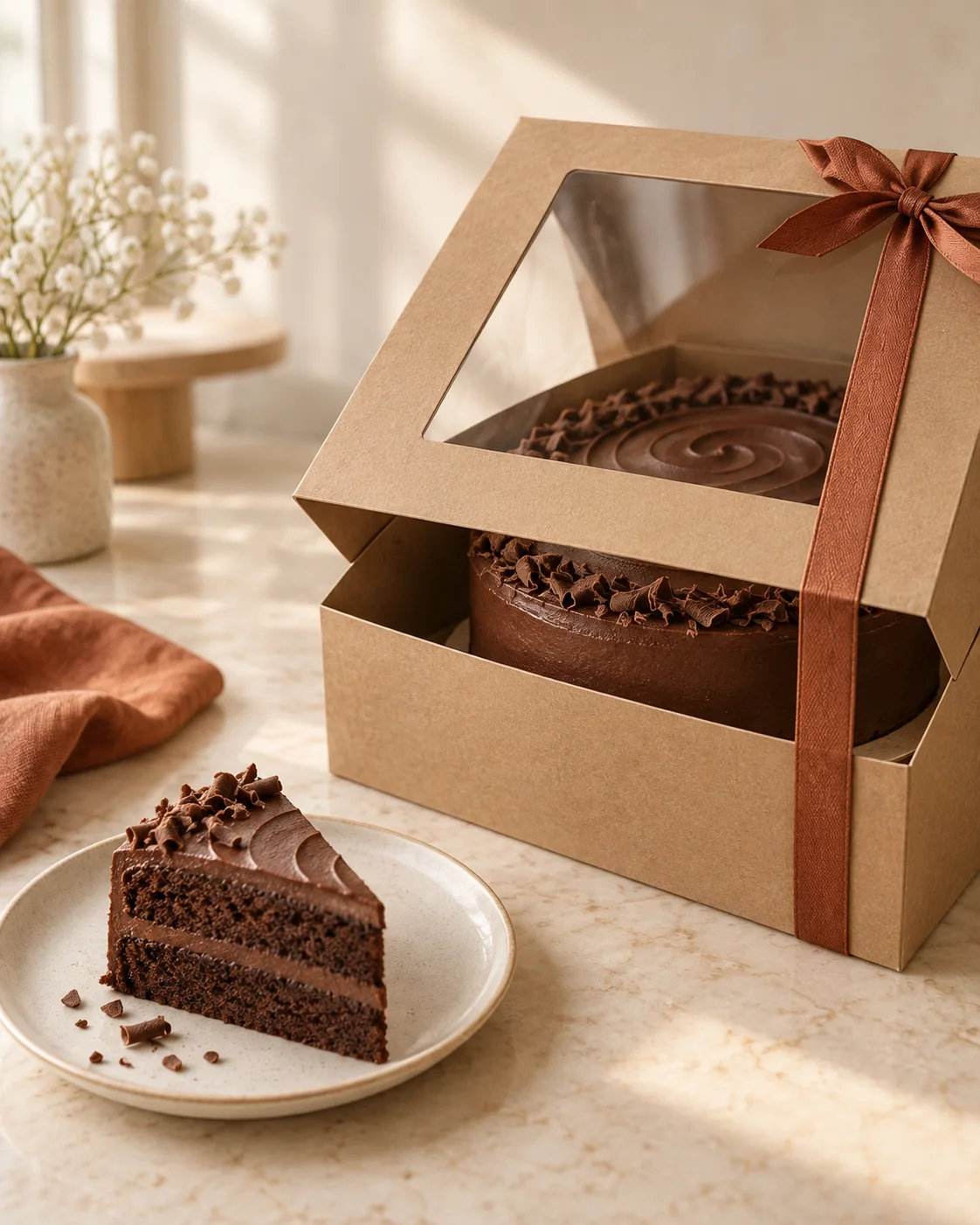 Chocolate cake packed in a kraft cake box with a clear window